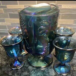 Harvest Carnival Pitcher Blue With 4 Drinking Glasses